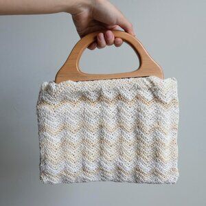 Handmade small cream and tan crochet clutch mini bag